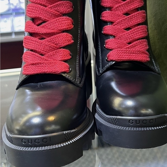 New GUCCI Black Leather Sylvie Web Stripe Lace Up Combat Boots Size 36.5 - Picture 11 of 13